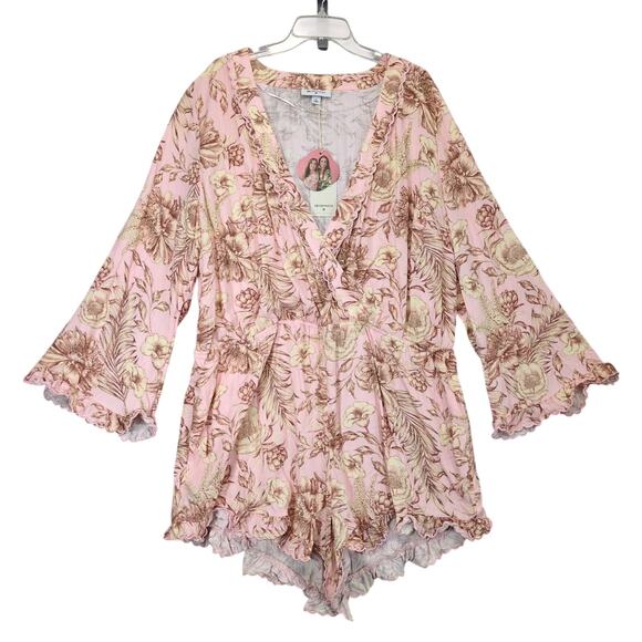 NWT Aguabendita Women's 1X Pink Floral Romper, Flare Sleeve Plunge-V Fringe Boho - Picture 1 of 6